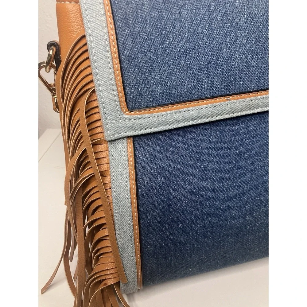 Brand New CATO Women's Denim Pocket Fringe Saddle Purse Bag